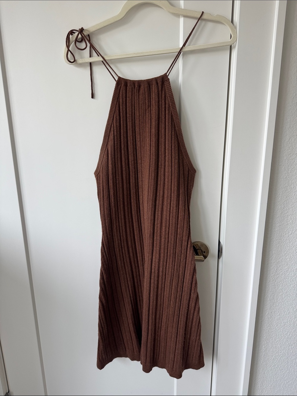 Astr Brown Ribbed Halter Mini Dress